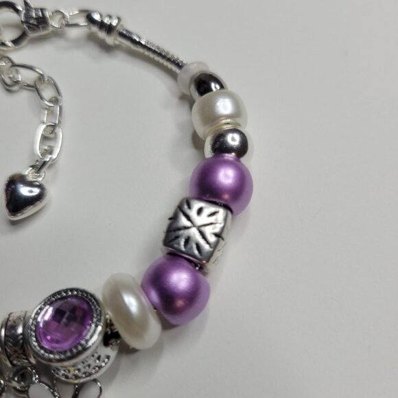 NWT Pandora Style Charm Bracelet Purple Passion Silver White Daisy Stars, Medium - Picture 5 of 7